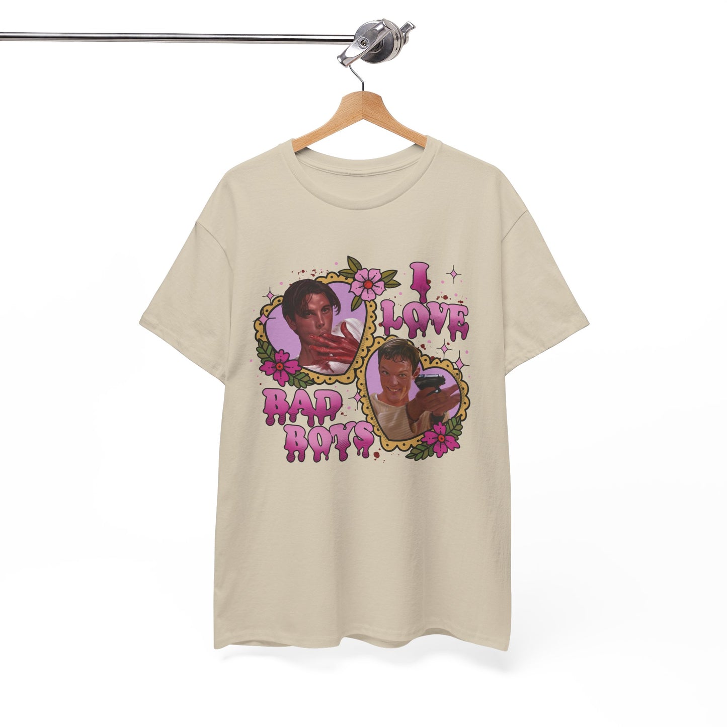 Vintage Heart Collage Tee — "I Love Bad Boys" Scream Inspired Graphic T-Shirt