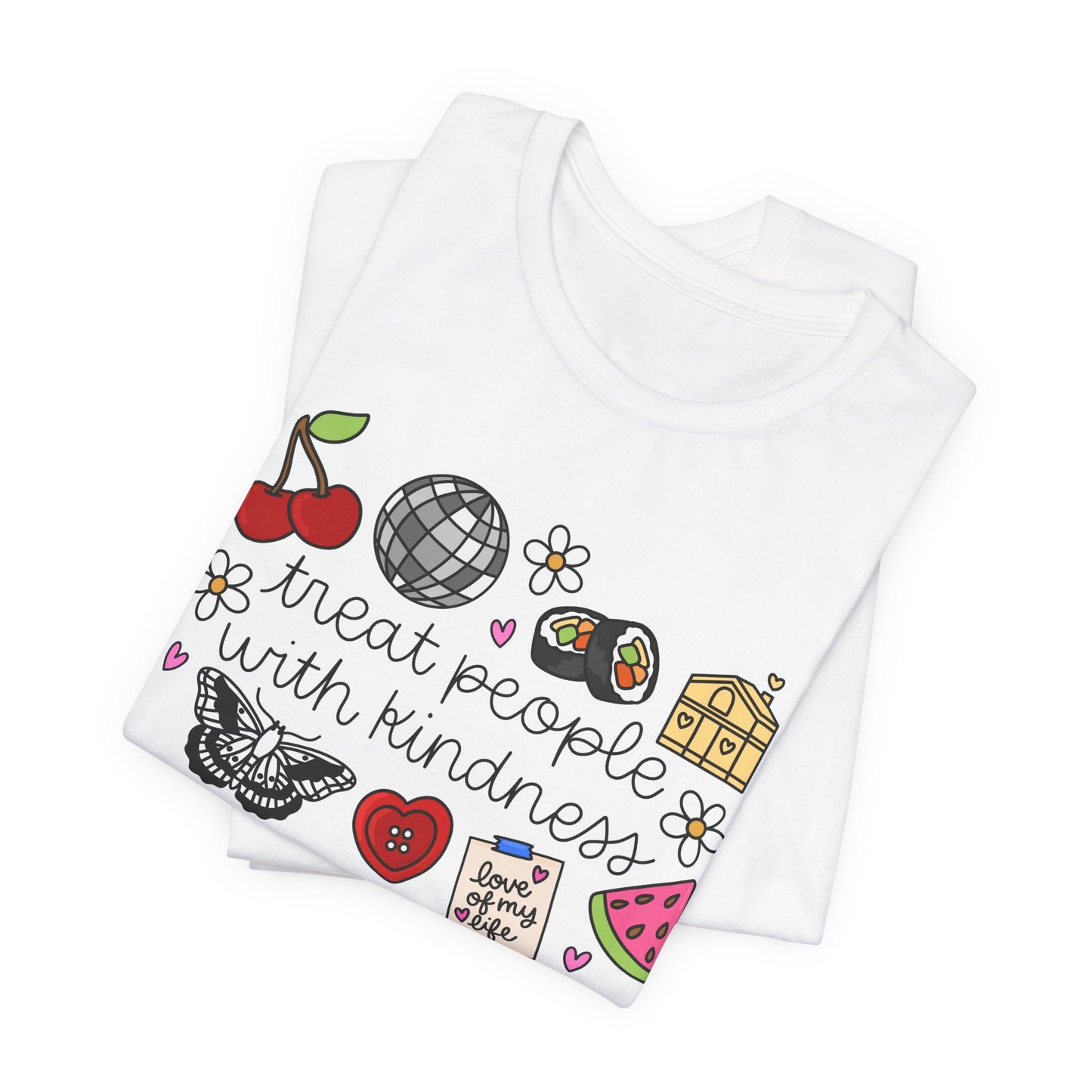 Treat People With Kindness Graphic Tee — Cute Doodle Icons T-Shirt