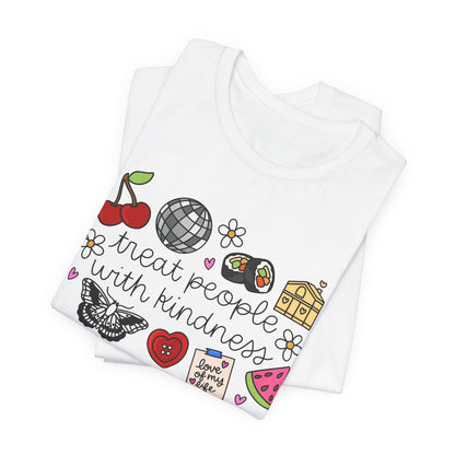 Treat People With Kindness Graphic Tee — Cute Doodle Icons T-Shirt