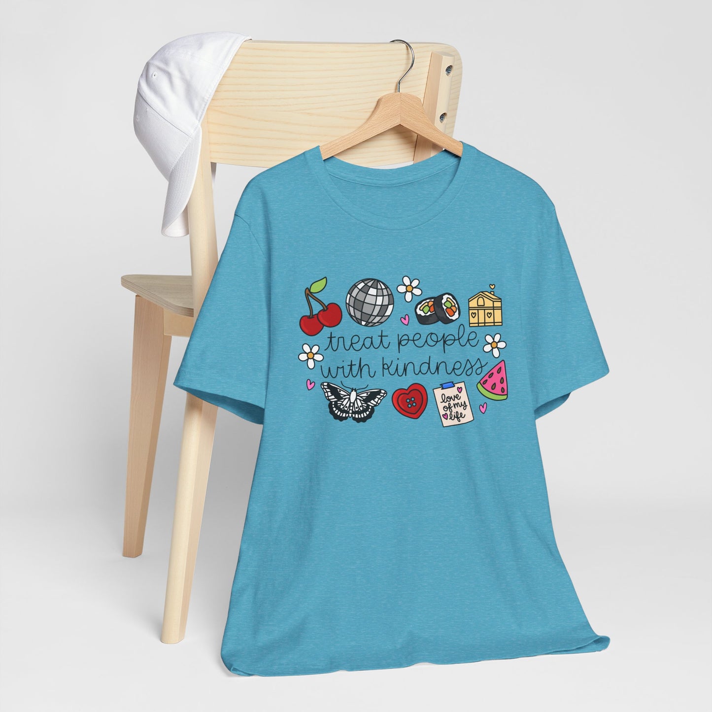 Treat People With Kindness Graphic Tee — Cute Doodle Icons T-Shirt