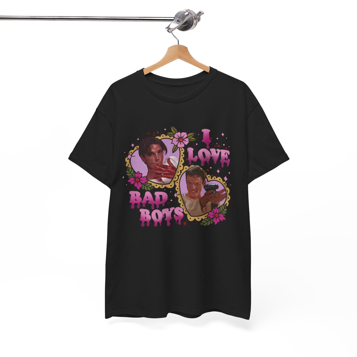 Vintage Heart Collage Tee — "I Love Bad Boys" Scream Inspired Graphic T-Shirt