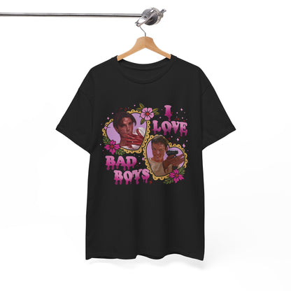 Vintage Heart Collage Tee — "I Love Bad Boys" Scream Inspired Graphic T-Shirt