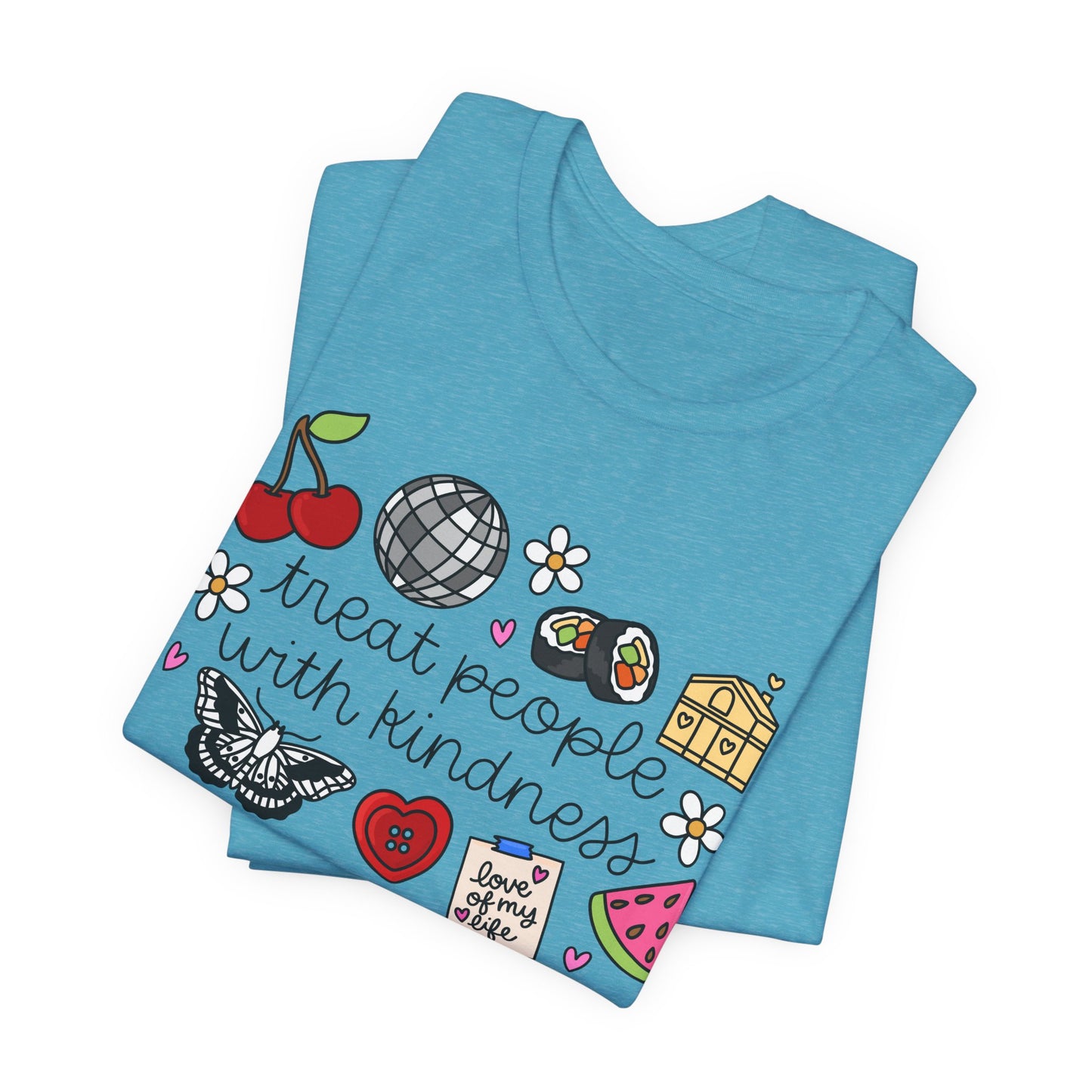 Treat People With Kindness Graphic Tee — Cute Doodle Icons T-Shirt
