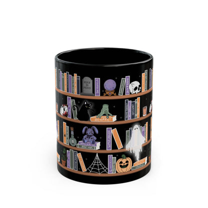 Halloween Bookshelf Black Mug — Spooky Witchy Coffee Cup with Ghosts, Cats & Pumpkins (11oz/15oz)