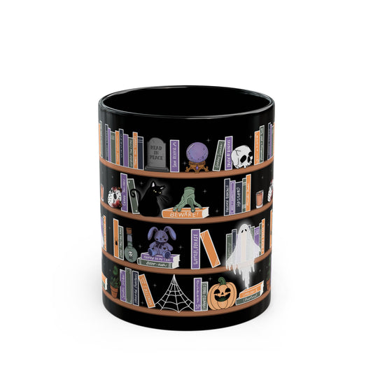 Halloween Bookshelf Black Mug — Spooky Witchy Coffee Cup with Ghosts, Cats & Pumpkins (11oz/15oz)