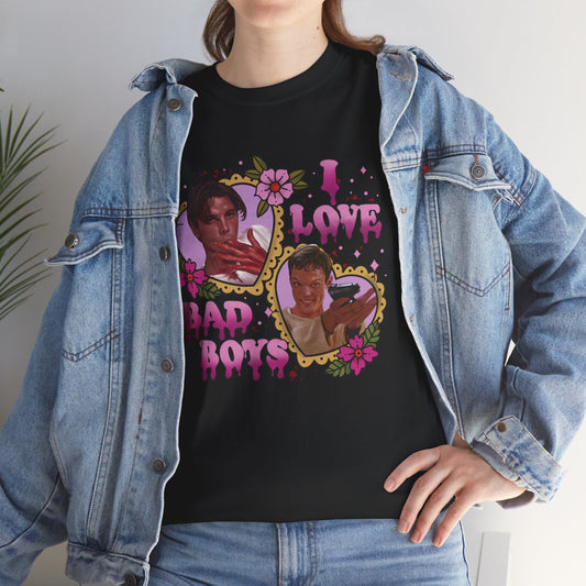 Vintage Heart Collage Tee — "I Love Bad Boys" Scream Inspired Graphic T-Shirt