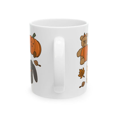 Autumn Friends Ceramic Mug — Cute Pumpkin, Maple Leaf & Cozy Teddy Fall Coffee Cup (11oz/15oz)