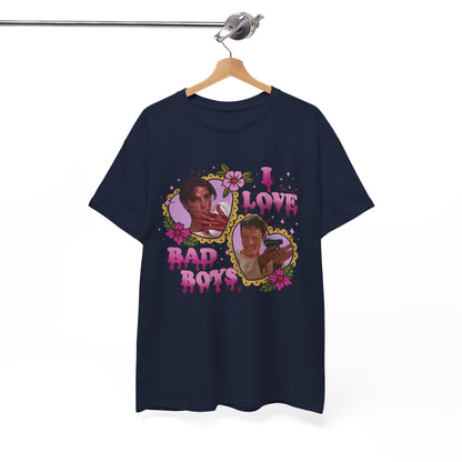 Vintage Heart Collage Tee — "I Love Bad Boys" Scream Inspired Graphic T-Shirt