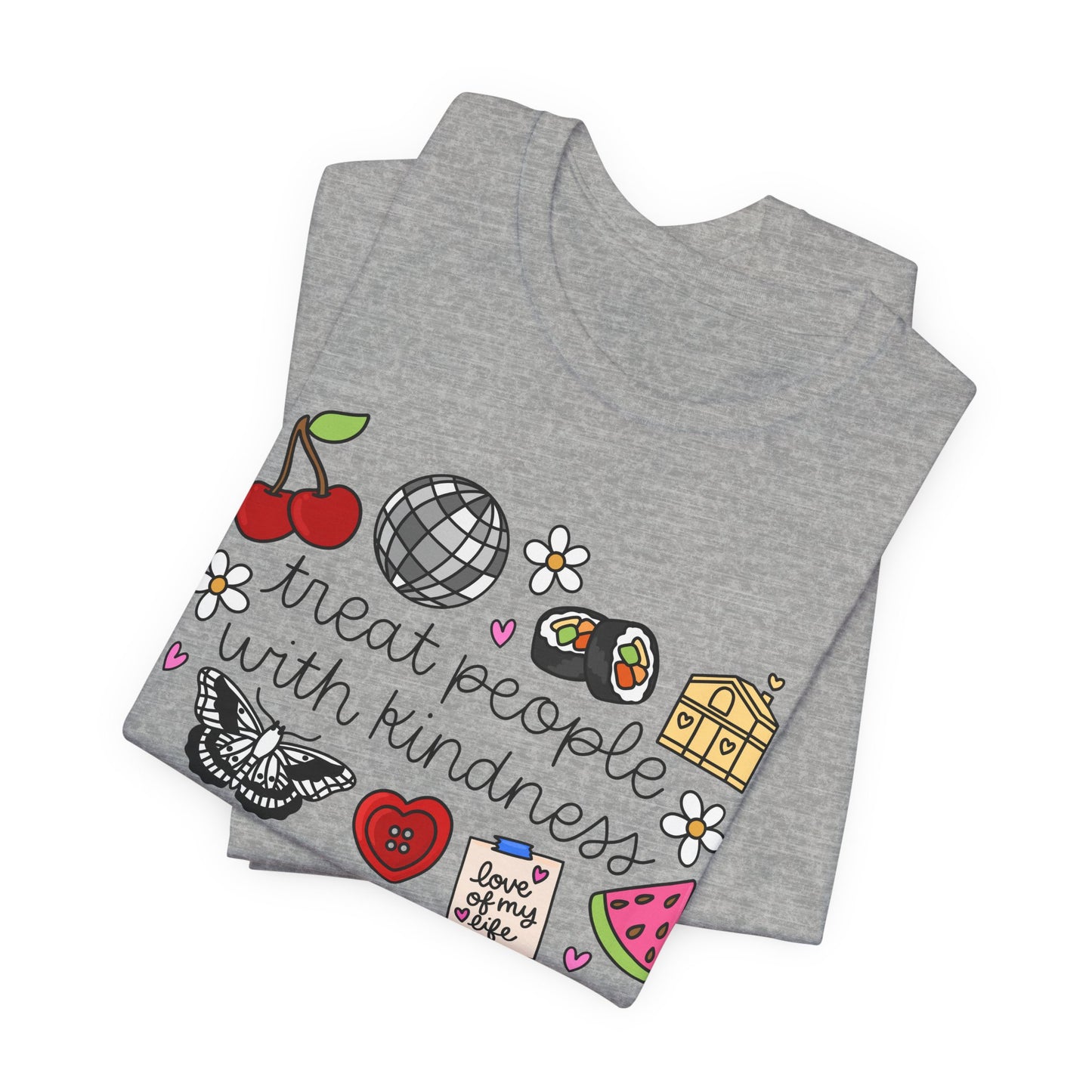 Treat People With Kindness Graphic Tee — Cute Doodle Icons T-Shirt