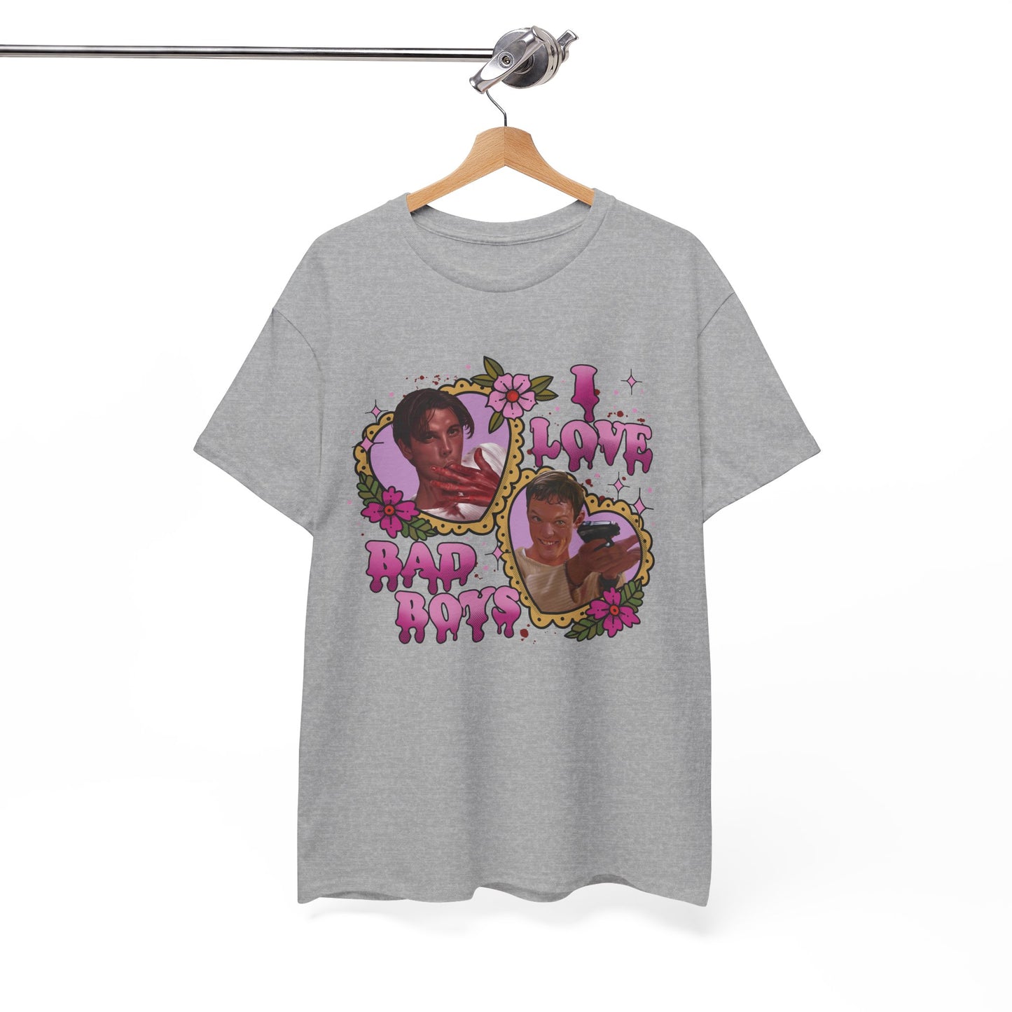Vintage Heart Collage Tee — "I Love Bad Boys" Scream Inspired Graphic T-Shirt