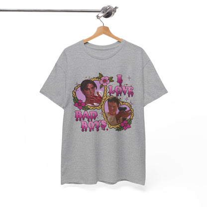 Vintage Heart Collage Tee — "I Love Bad Boys" Scream Inspired Graphic T-Shirt