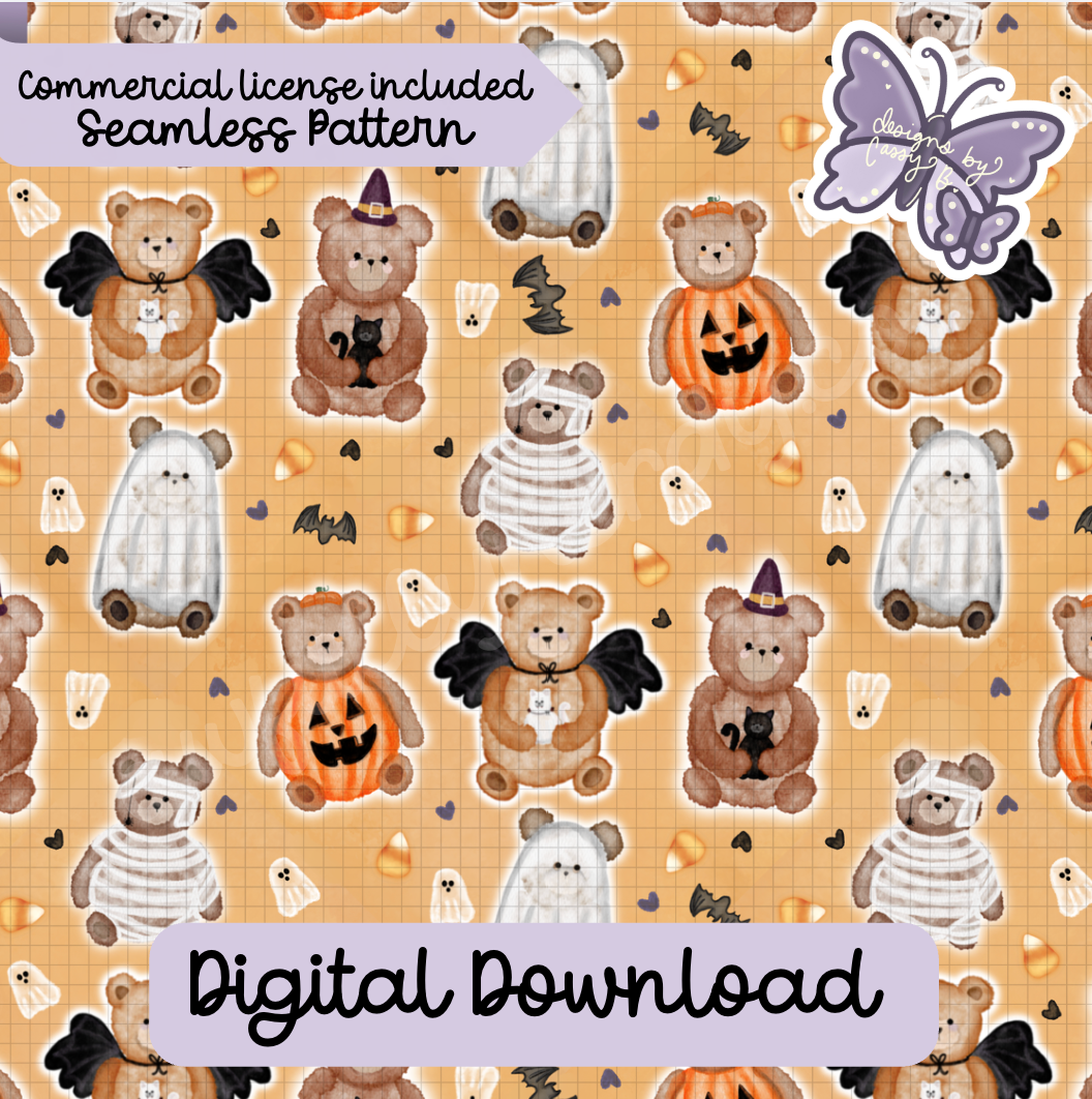 Watercolor Bears Halloween Seamless Pattern Digital Download PNG