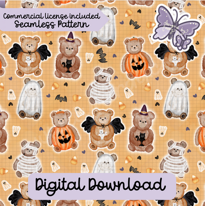 Watercolor Bears Halloween Seamless Pattern Digital Download PNG
