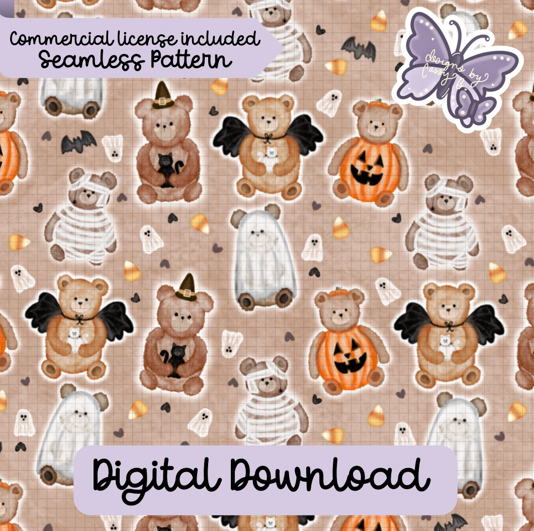 Watercolor Bears Halloween Seamless Pattern Digital Download PNG