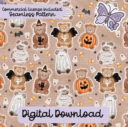 Watercolor Bears Halloween Seamless Pattern Digital Download PNG