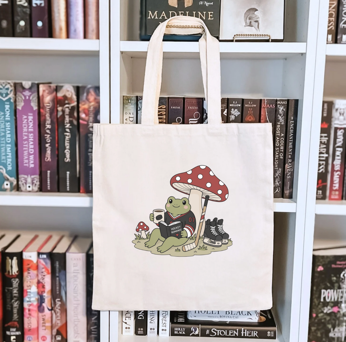 Hockey Romance Reading Frog Sublimated Canvas Tote Bag