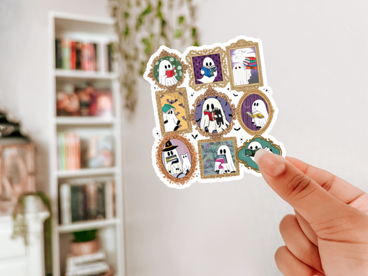 Spooky Ghost Portraits Reading Romantasy Books Sticker - Sparkle Finish