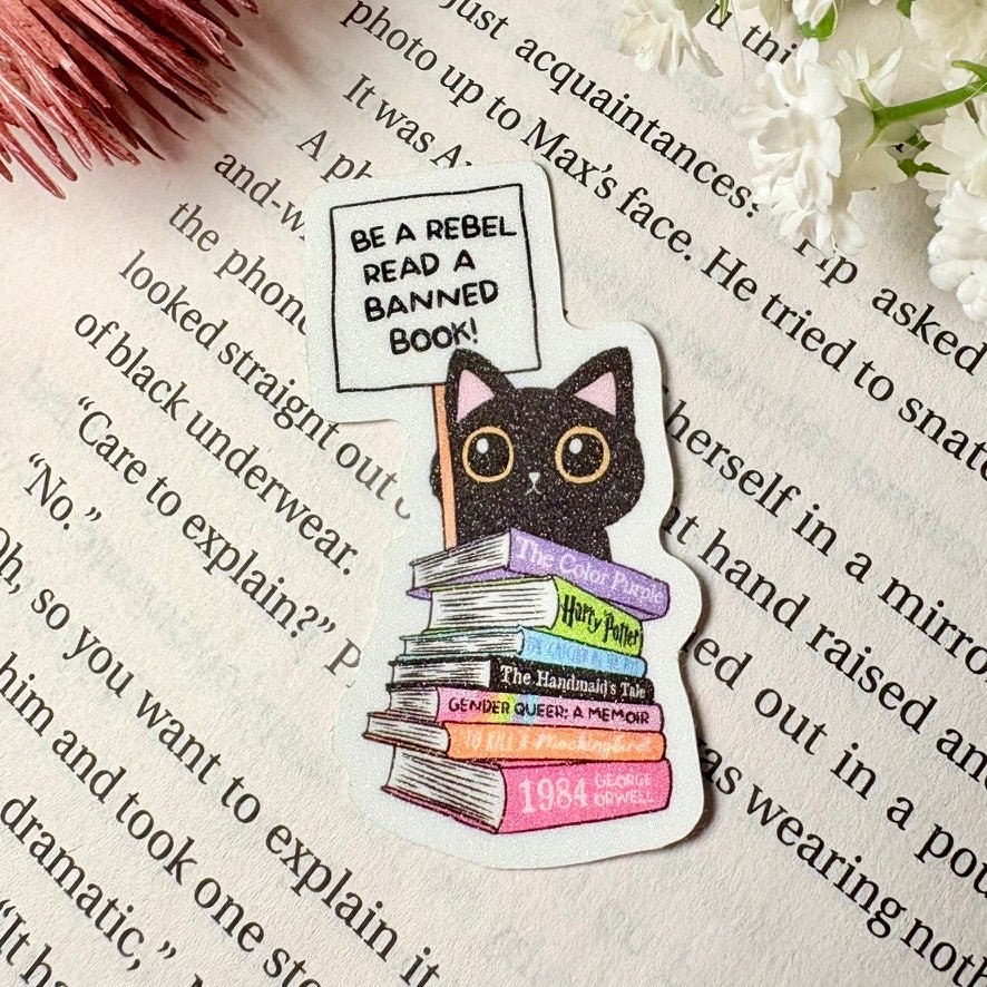 Be a Rebel, Read Banned Books Cat 2 inch Sticker - Awfullynerdy.co