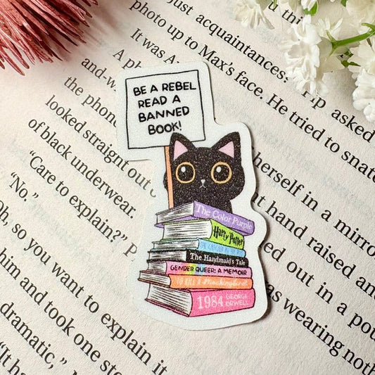 Be a Rebel, Read Banned Books Cat 2 inch Sticker - Awfullynerdy.co