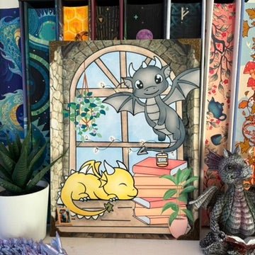 Book Nook Watchers – Baby Dragon Fantasy Bookish Metal Print – 6x8" Sublimated Photo Art - Awfullynerdy.co