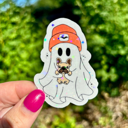 Cute Ghost Holding a Dog Sparkle Ghost Sticker - Awfullynerdy.co