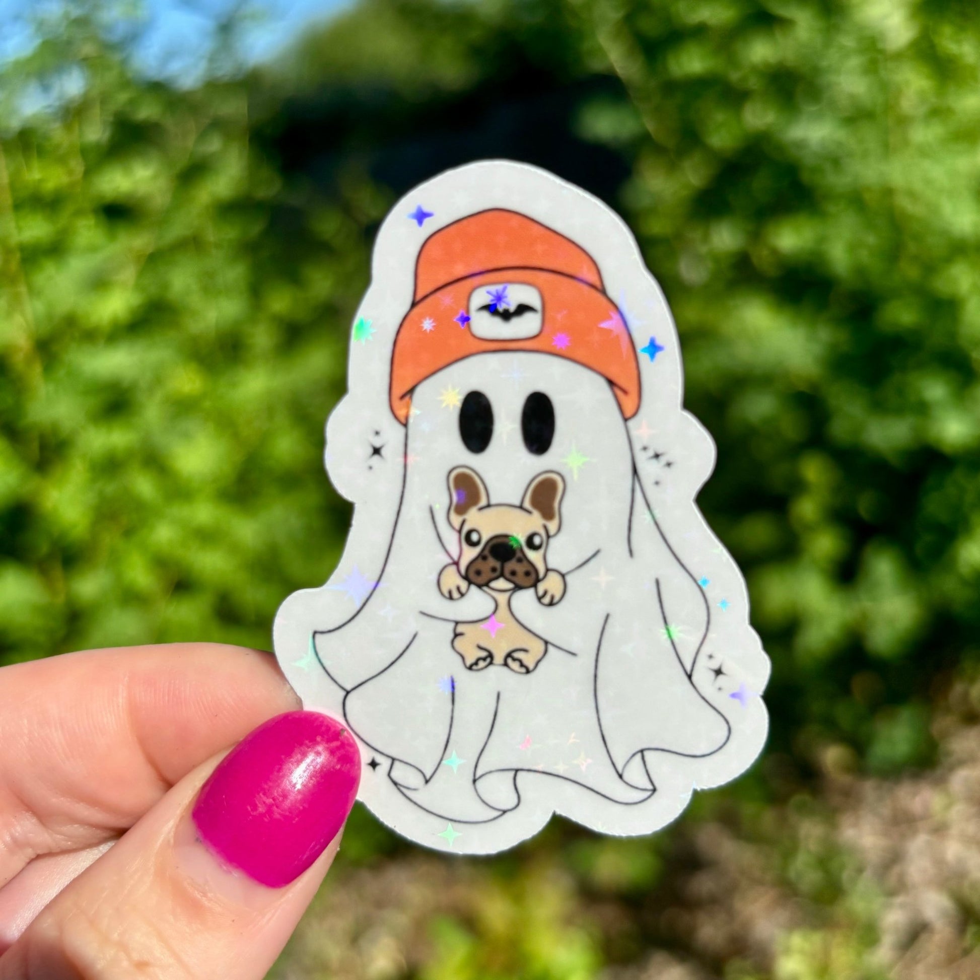 Cute Ghost Holding a Dog Sparkle Ghost Sticker - Awfullynerdy.co