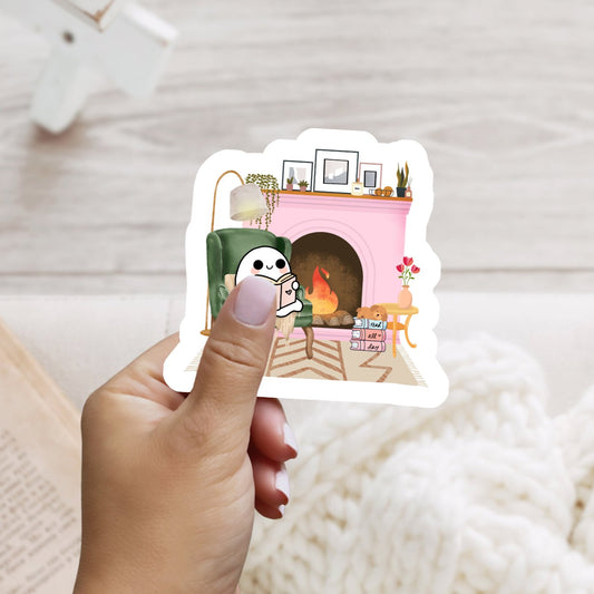 Cute Ghost Reading by the Fireplace Sticker - Pink Version - Awfullynerdy.co