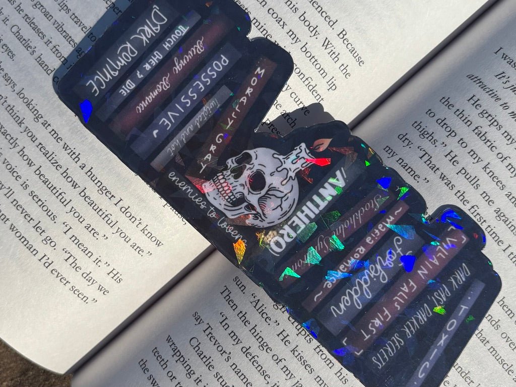 Dark Romance Tropes Books and Skull Cardstock Bookmark - Awfullynerdy.co