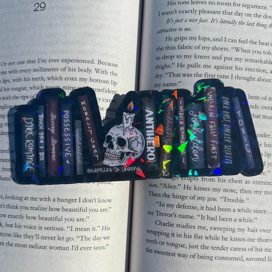 Dark Romance Tropes Books and Skull Cardstock Bookmark - Awfullynerdy.co