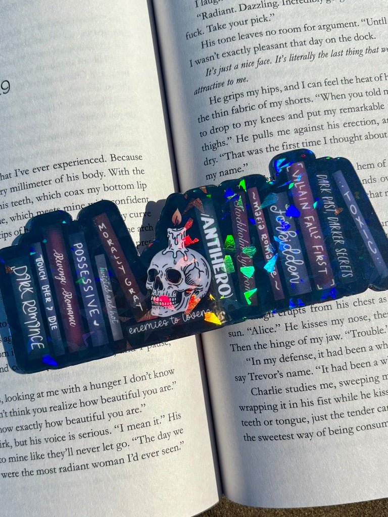 Dark Romance Tropes Books and Skull Cardstock Bookmark - Awfullynerdy.co