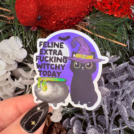 Feeling Extra Witchy Today Kitty Crushed Glitter Sticker - Awfullynerdy.co