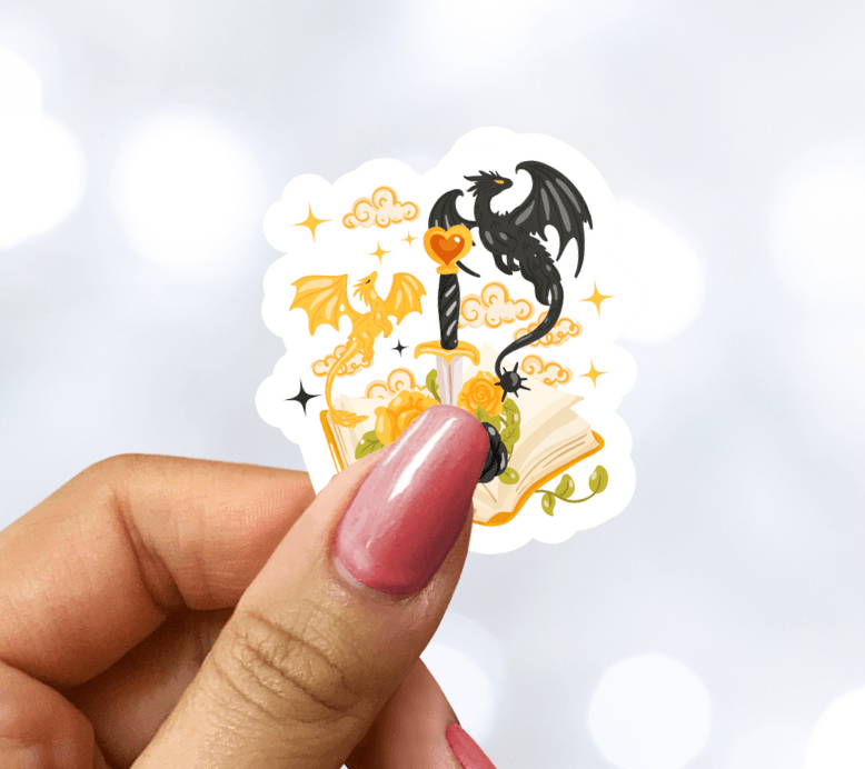 Fourth Wing Inspired Book Dagger and Dragons Sparkle Vinyl Sticker – Durable Waterproof Bookish Decal - Awfullynerdy.co