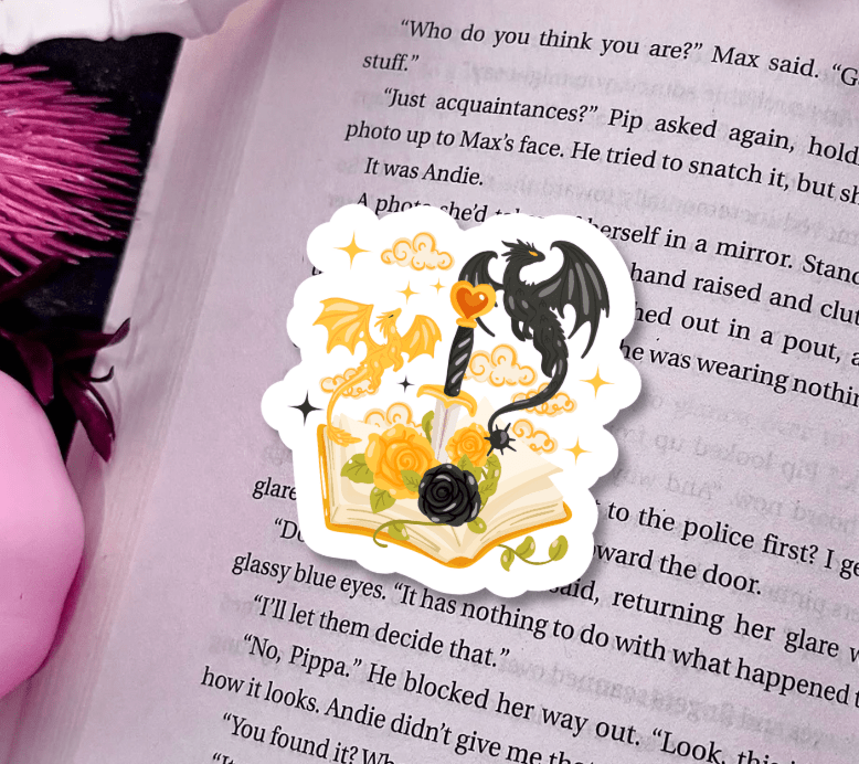 Fourth Wing Inspired Book Dagger and Dragons Sparkle Vinyl Sticker – Durable Waterproof Bookish Decal - Awfullynerdy.co