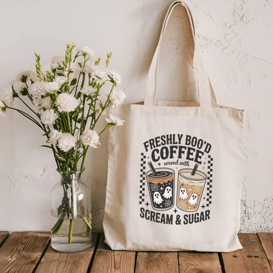 Freshly Boo'd Coffee Sublimated Canvas Tote Bag - Awfullynerdy.co