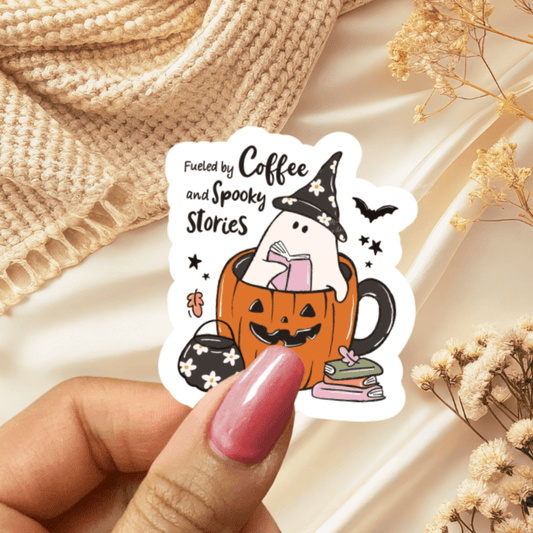 Fueled by Coffee and Spooky Stories Sticker - Awfullynerdy.co