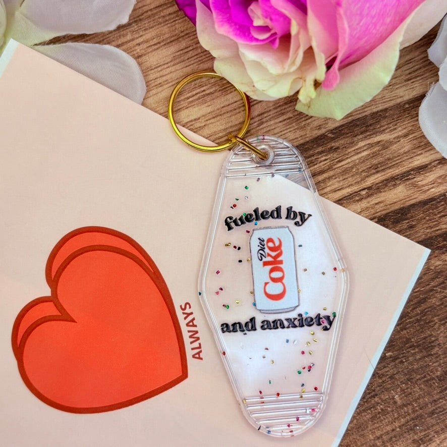 Fueled by Diet Coke and Anxiety Clear Motel Keychain - Awfullynerdy.co