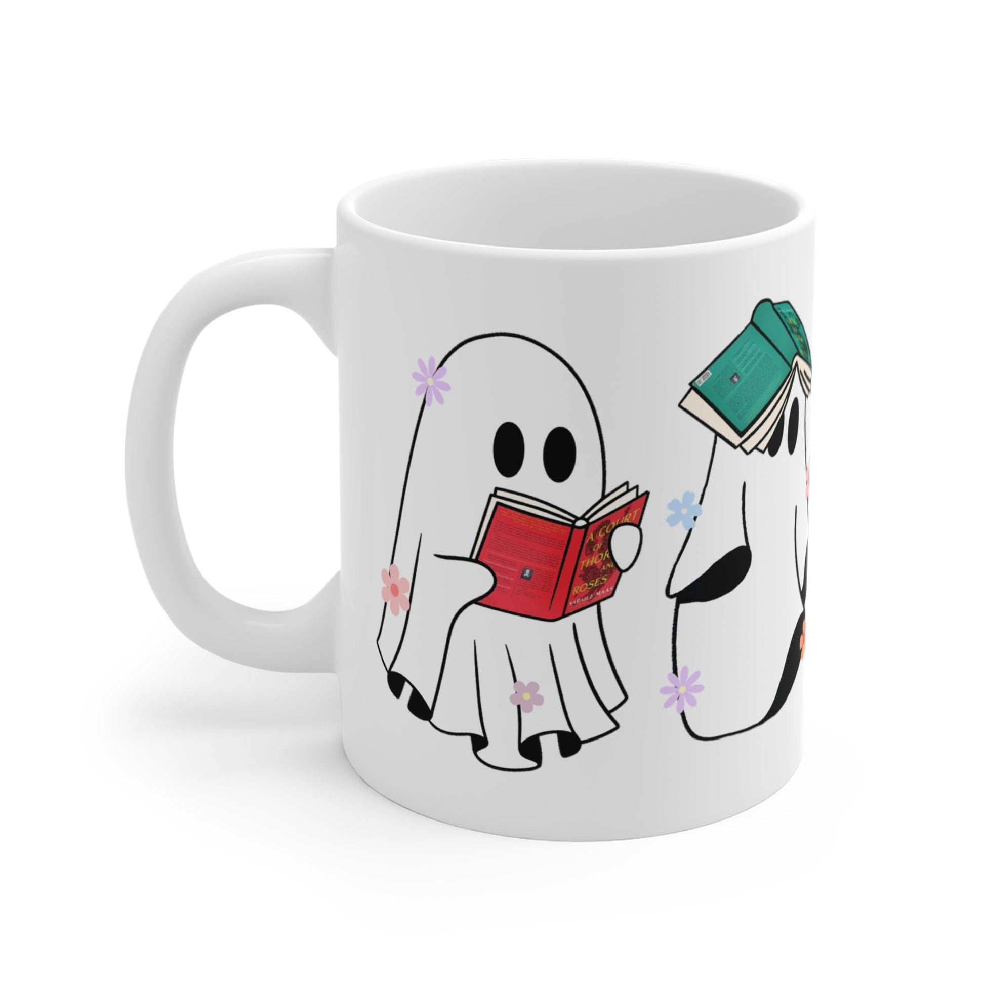 Funny Ghost Reading ACOTAR Floral Mug 11oz - Awfullynerdy.co