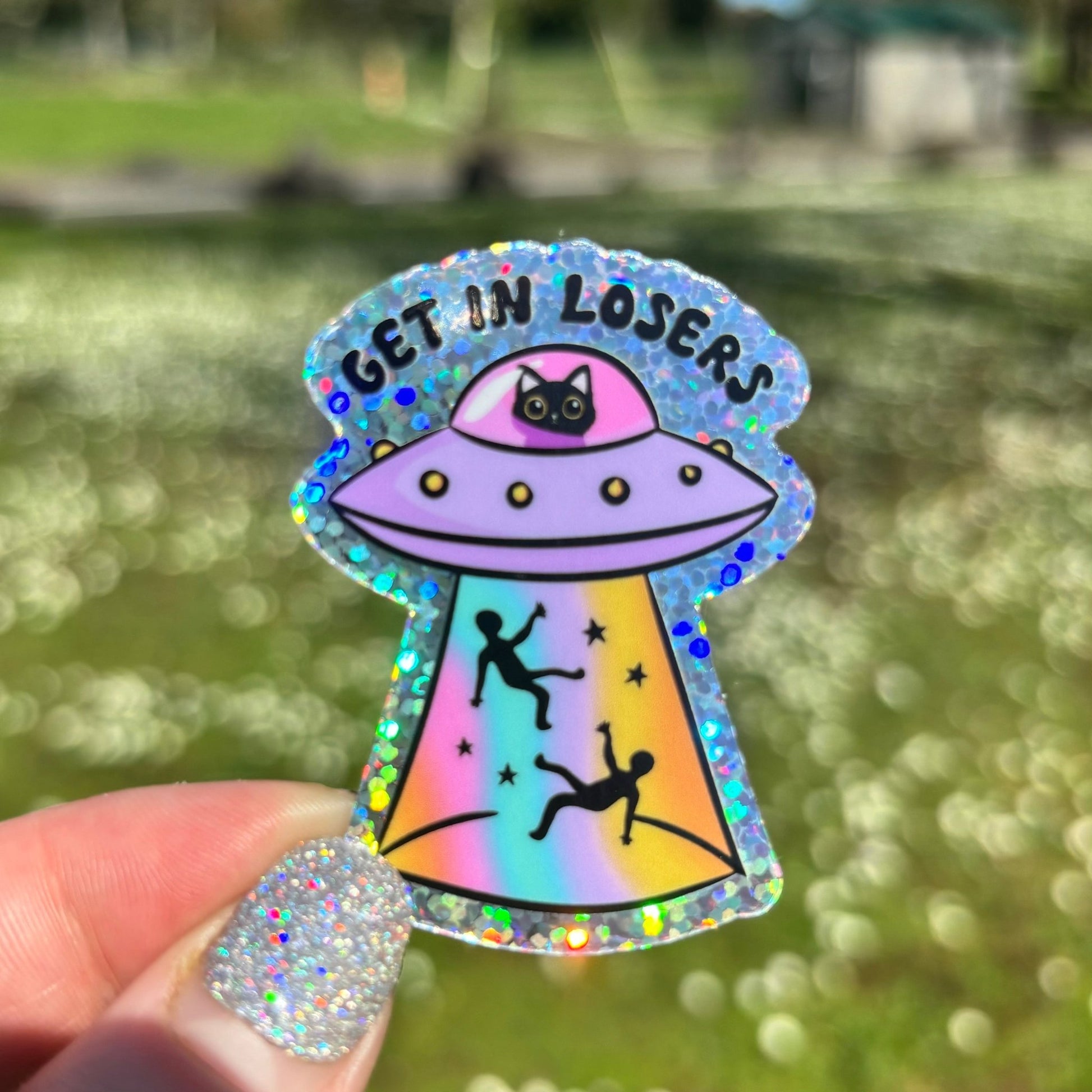 Get in Loser Cat UFO Sticker - Awfullynerdy.co
