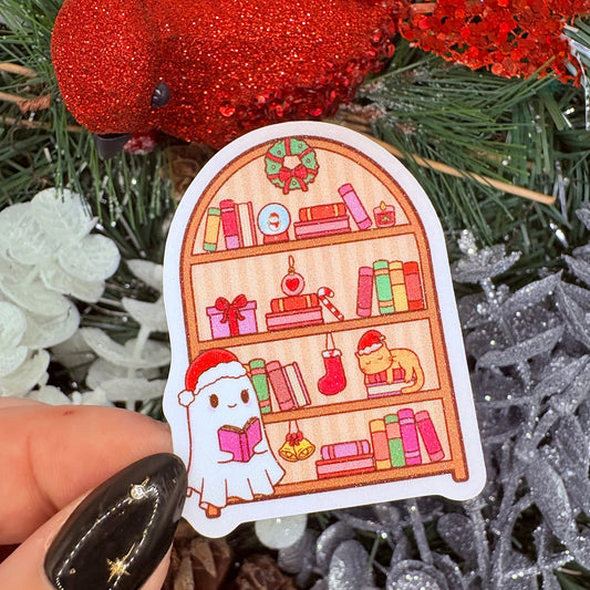 Ghost at the Holiday Shelf Sticker - Sparkle Snow Finish - Awfullynerdy.co