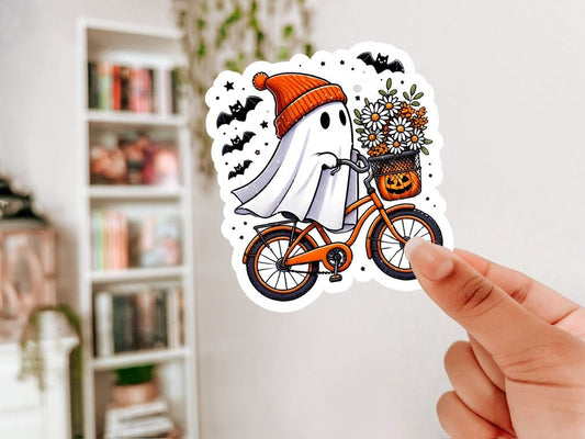 Ghost on Bike Spooky Season Sticker - Awfullynerdy.co