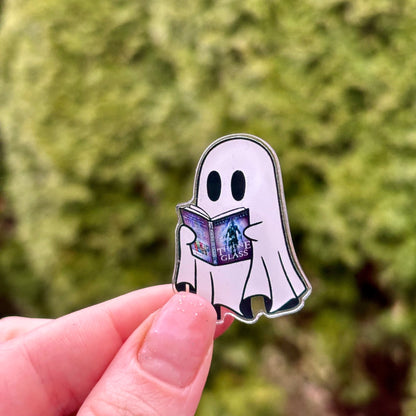 Ghost Reading Throne of Glass 1.5 Acyrlic Pin - Awfullynerdy.co