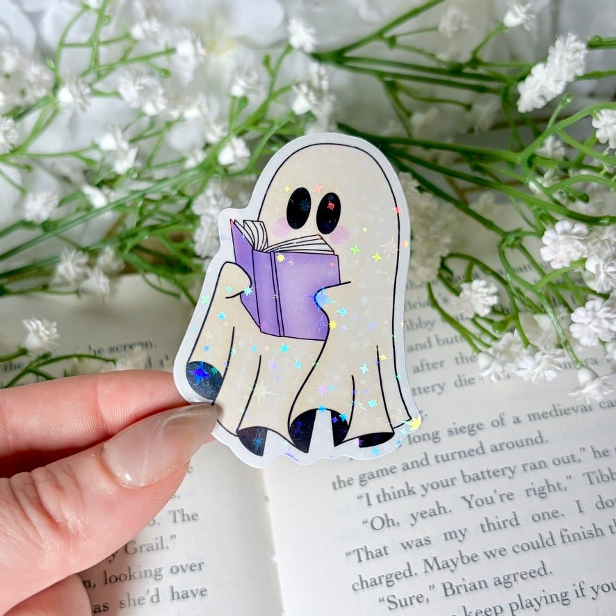Ghost with Book 2.5 - inch Sparkle Star Sticker - Awfullynerdy.co