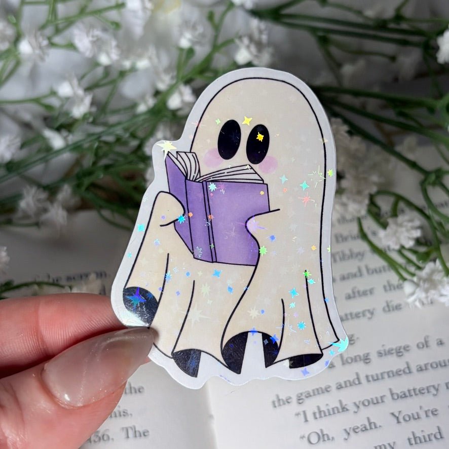 Ghost with Book 2.5 - inch Sparkle Star Sticker - Awfullynerdy.co