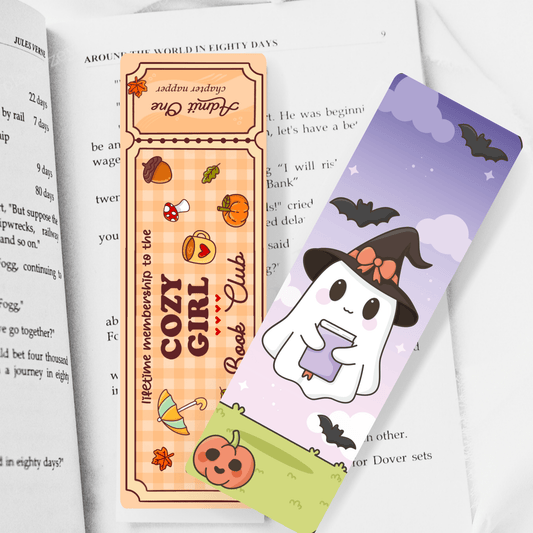Ghost with Book/Cozy Girl Book Club Ticket Dual - Sided Matte Cardstock Bookmark - Awfullynerdy.co