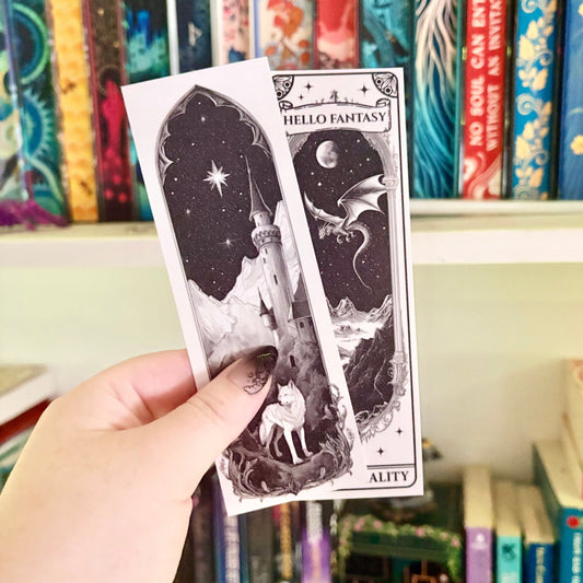Hello Fantasy, Bye - Bye Reality Dual - Sided Snow Sparkle Cardstock Bookmark - Awfullynerdy.co