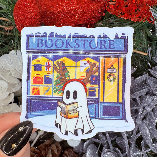 Holiday Ghost Reading Fourth Wing by Bookstore Sticker - snow sparkle finish - Awfullynerdy.co