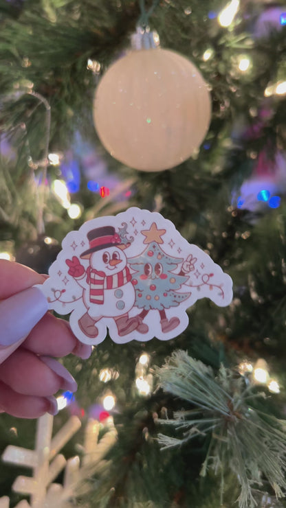 Holiday Tree and Snowman Retro Sticker