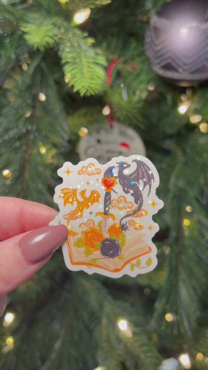 Fourth Wing Inspired Book Dagger and Dragons Sparkle Vinyl Sticker – Durable Waterproof Bookish Decal