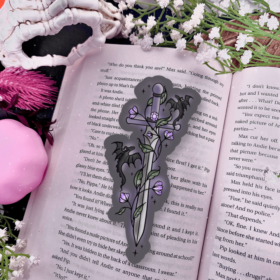 Romantasy Sword and Dragons Purple Sparkle Laminated Bookmark - Awfullynerdy.co