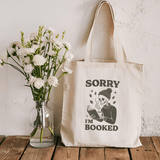 Sorry I'm Booked Skeleton Sublimated Canvas Tote Bag - Awfullynerdy.co